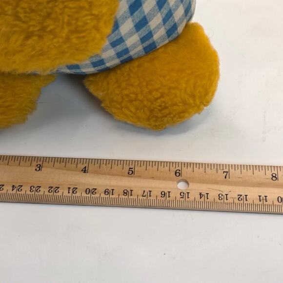 Vintage 1980s Plush Chick Yellow Stuffed Animal in Blue Gingham Romper Haiti - Picture 13 of 13
